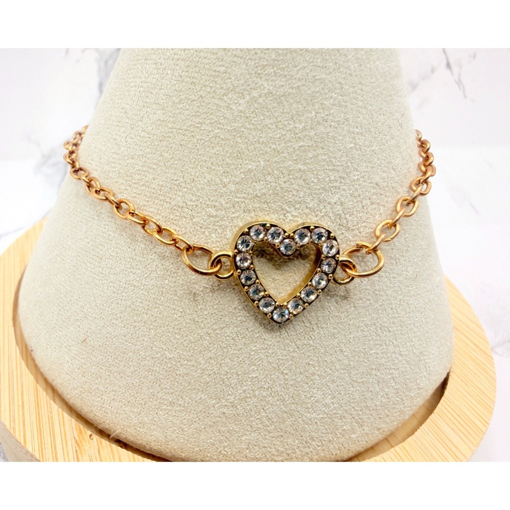 Rose Gold Tone Heart Bracelet Anklet Clear Rhinestones Adjustable 7–9.5 Inch